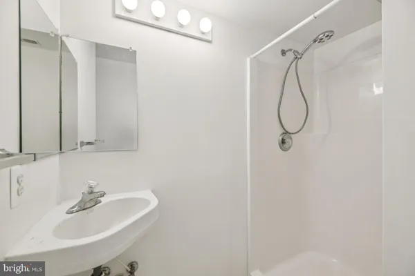 a bathroom with a sink a shower and a mirror
