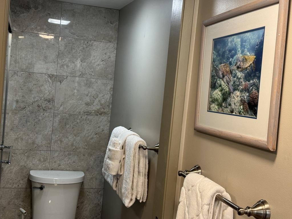 4327 Lower Honoapiilani Road, Unit 201B Lahaina, HI 96761 - Photo 15 of 26 a bathroom with a toilet and a painting on the wall