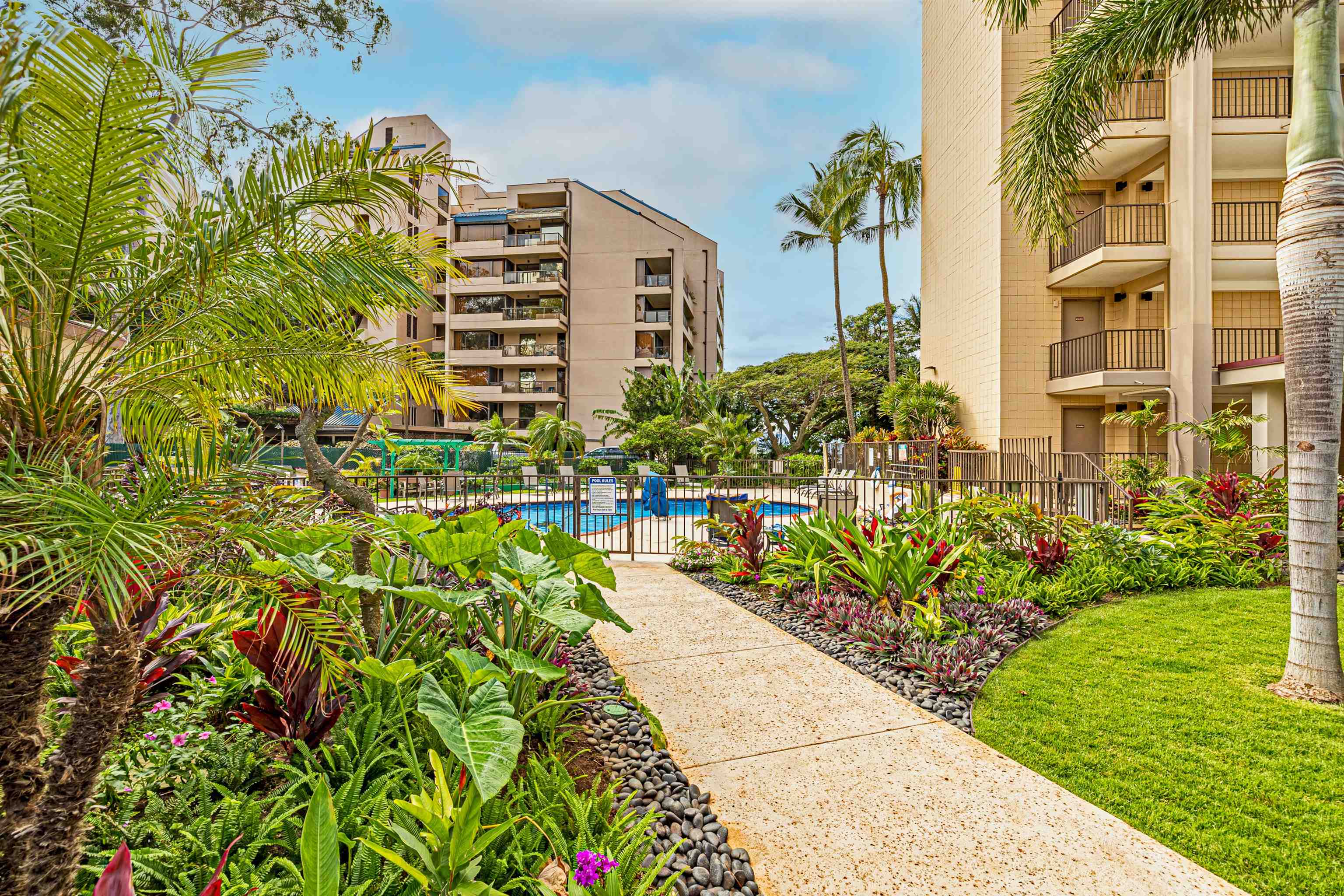 4327 Lower Honoapiilani Road, Unit 201B Lahaina, HI 96761 - Photo 21 of 26 a flower garden with tall buildings