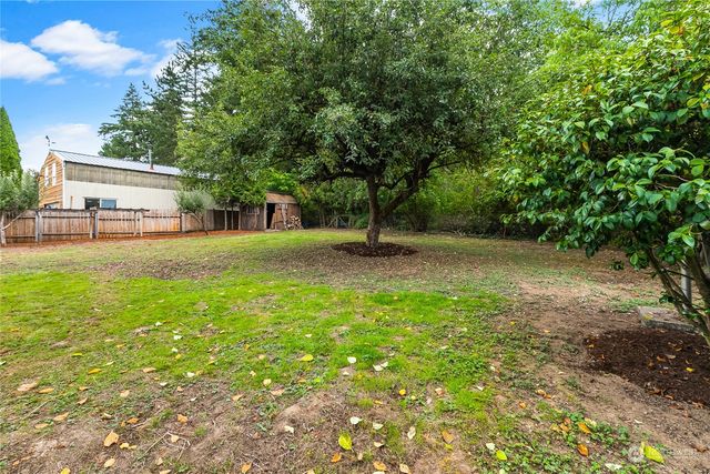 a view of a backyard with large trees