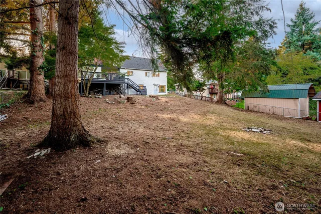 a view of a backyard with large trees