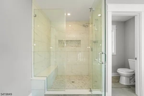 a bathroom with a shower and a toilet