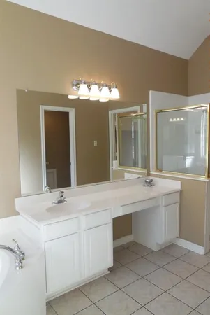 a bathroom with a double vanity sink and a mirror