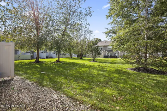 a view of a park with large trees