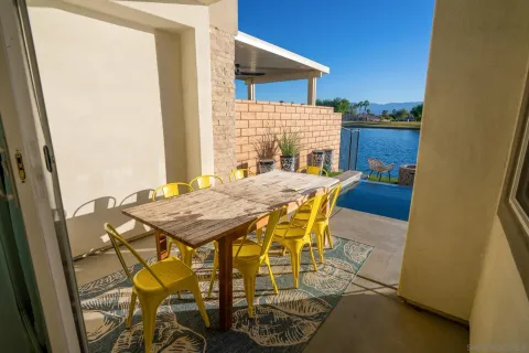 an outdoor space with furniture