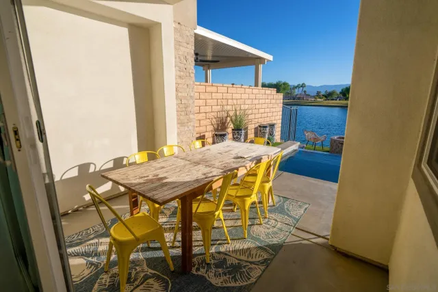 an outdoor space with furniture