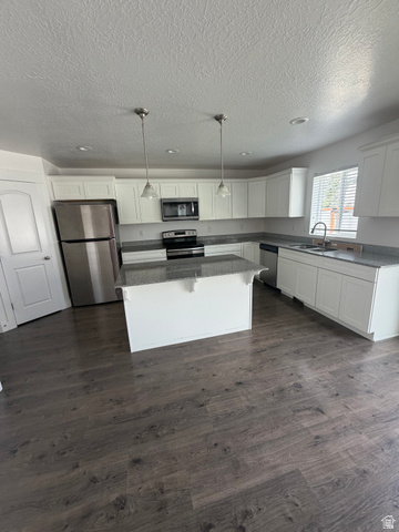 878 West Mckenna Road Bluffdale, UT 84065 - Photo 2 of 11 Kitchen featuring an island, white cabinetry, dark stone-finish countertops, stainless steel appliances, and wood-finish flooring