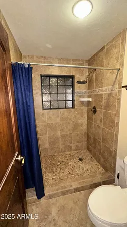 a bathroom with a toilet and shower