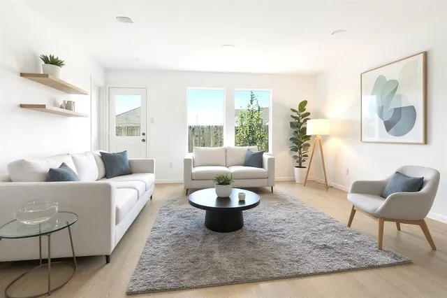a living room with furniture and a rug