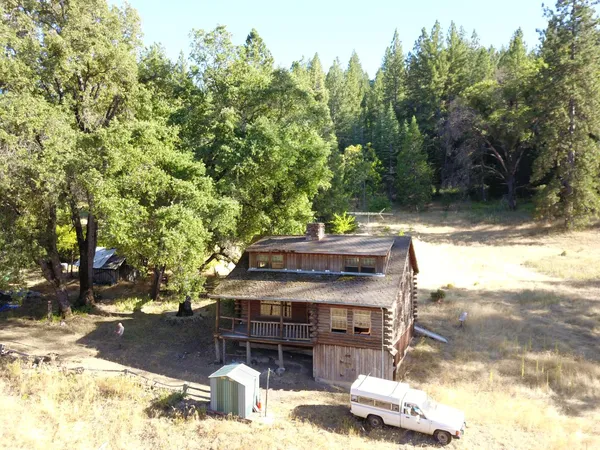 a view of backyard with small cabin