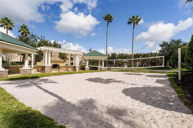 a view of a garden with a houses