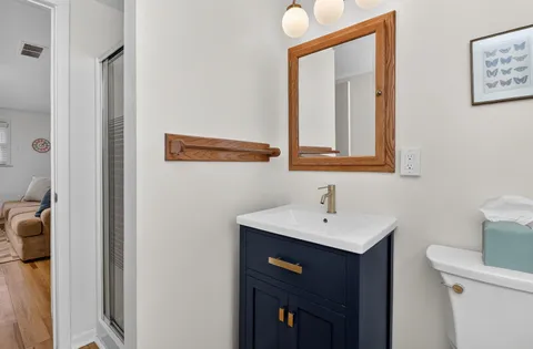 a bathroom with a sink a mirror and a toilet