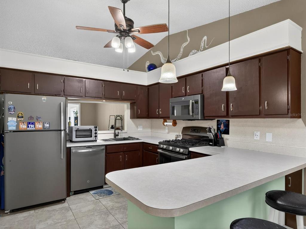 11321 Scenic View Lane Orlando, FL 32821 - Photo 8 of 29 a kitchen with stainless steel appliances a sink a stove a refrigerator cabinets and chairs