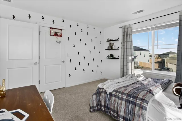 a bedroom with a bed and a walk in closet