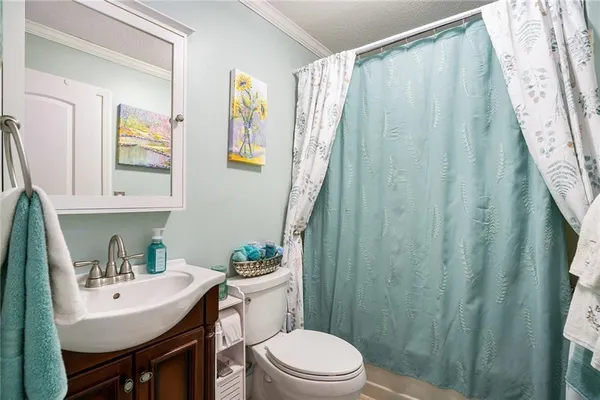 a bathroom with a sink a toilet and shower curtain