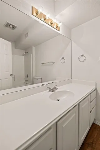 a bathroom with a sink vanity and a mirror