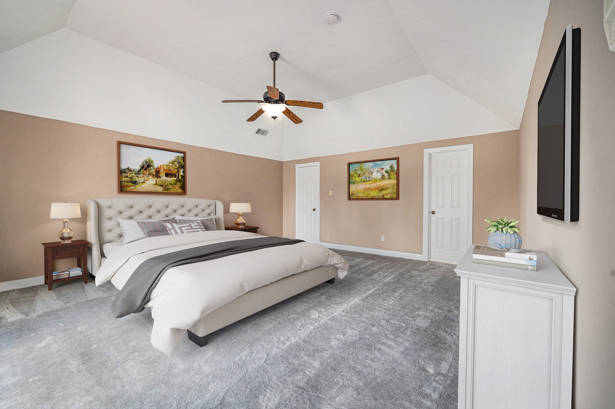 7415 Naremore Drive Spring, TX 77379 - Photo 37 of 47 a spacious bedroom with a bed and a chandelier