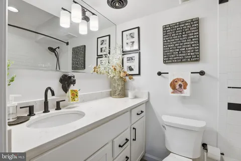 a bathroom with a sink a toilet and a mirror