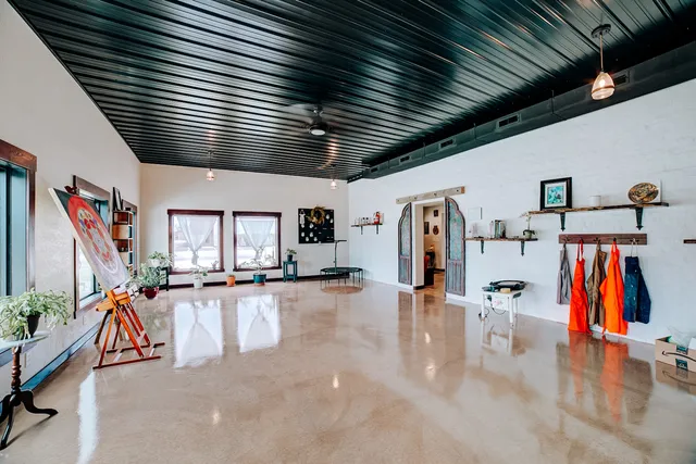 a view of a backyard with a chair and potted plants