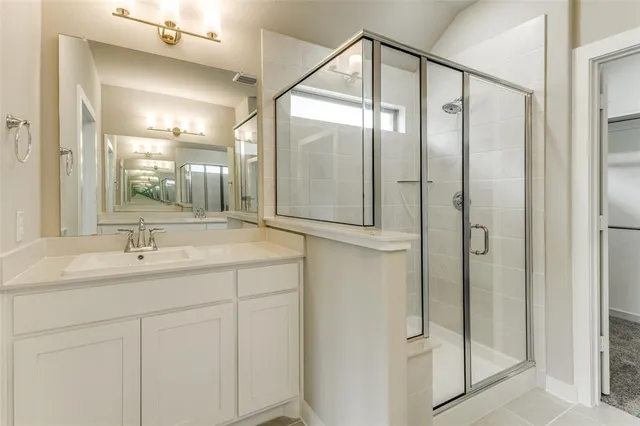 a bathroom with a shower sink and mirror
