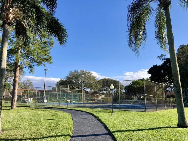 a view of a swimming pool with a garden and plants