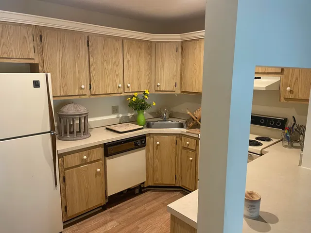 a kitchen with a refrigerator sink and cabinets