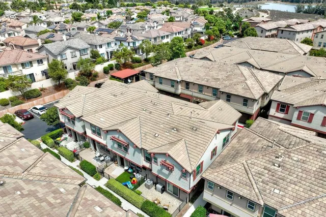 an aerial view of a swimming pool