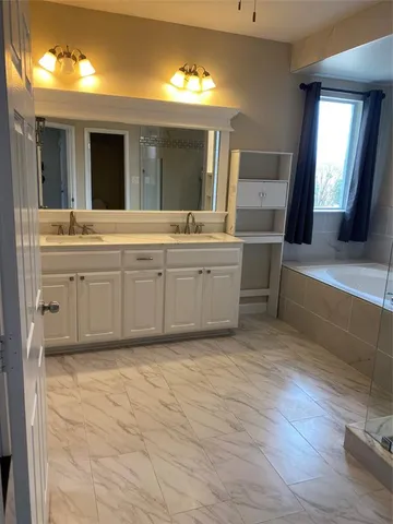 a bathroom with a sink and a large mirror