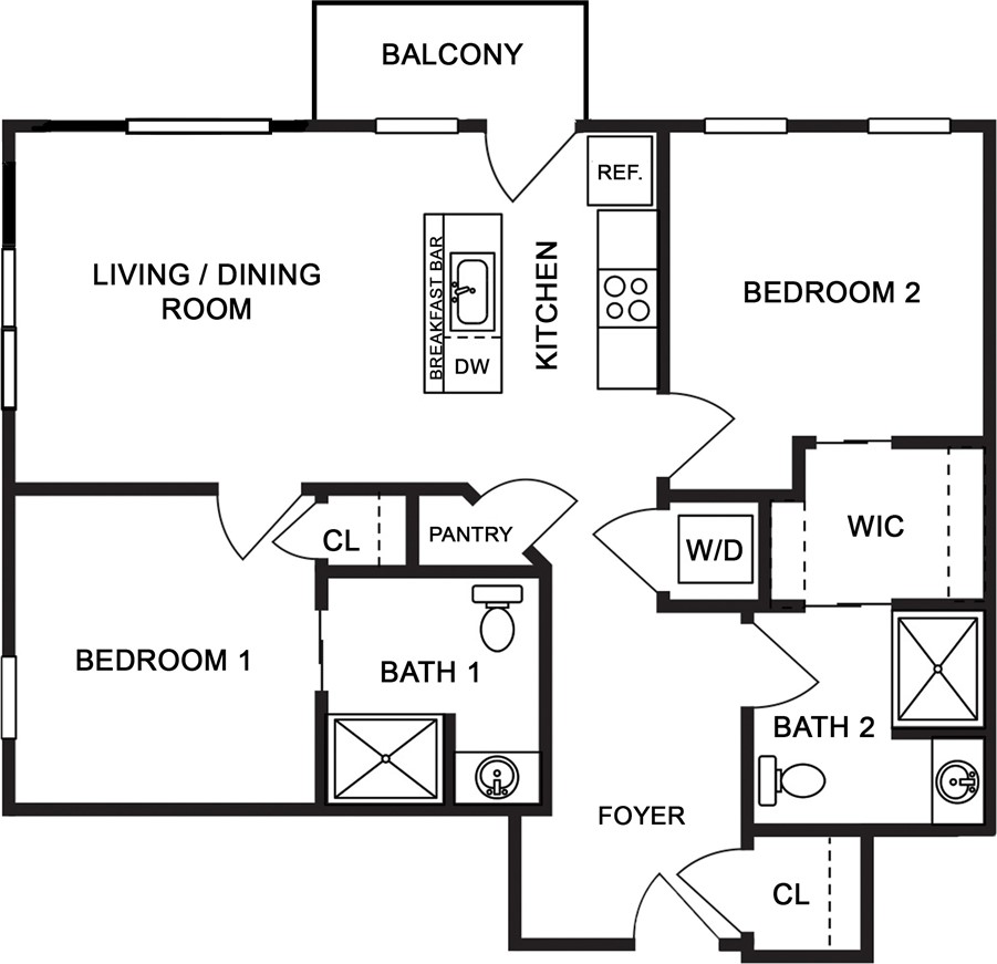625 South Goodman Street, Unit 311 Rochester, NY 14620 - Photo 23 of 23 2-D Floor plan of typical 2-bedroom, 2-bathroom with balcony
