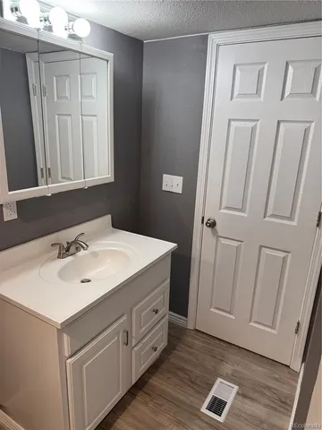 a bathroom with a sink a mirror and wooden floor