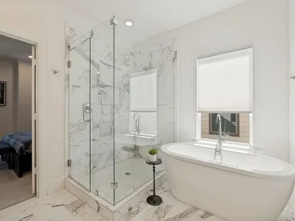 a bathroom with a bathtub and a shower