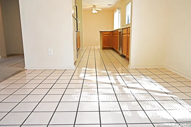 a view of a black white and white building