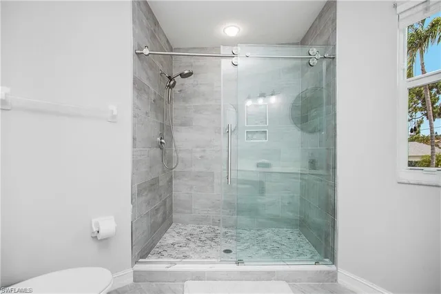 a bathroom with a shower and toilet