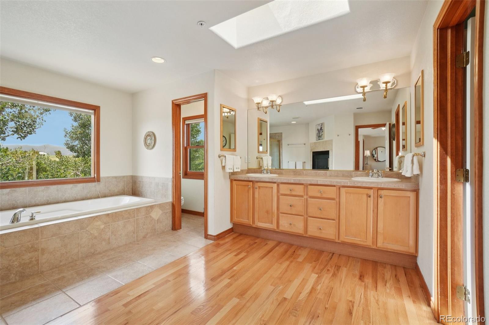 1475 Elk View Road Larkspur, CO 80118 - Photo 19 of 45 a spacious bathroom with a shower a sink and a large mirror