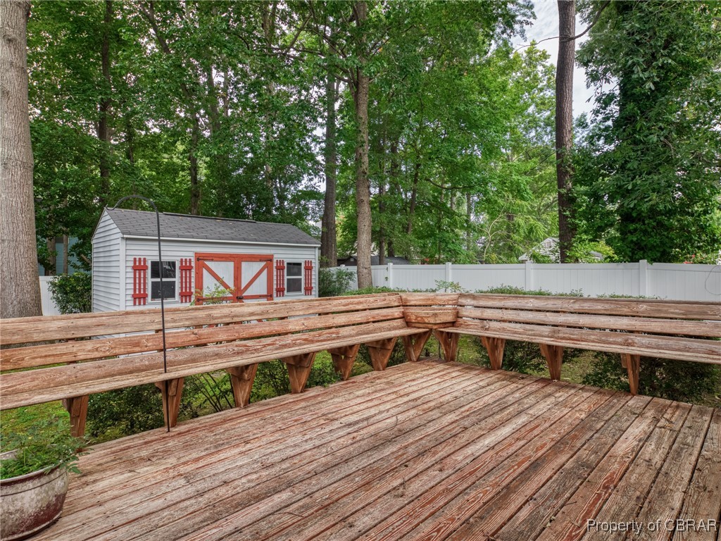 6 Ruth Circle Hampton, VA 23666 - Photo 45 of 50 Wooden terrace featuring a storage shed