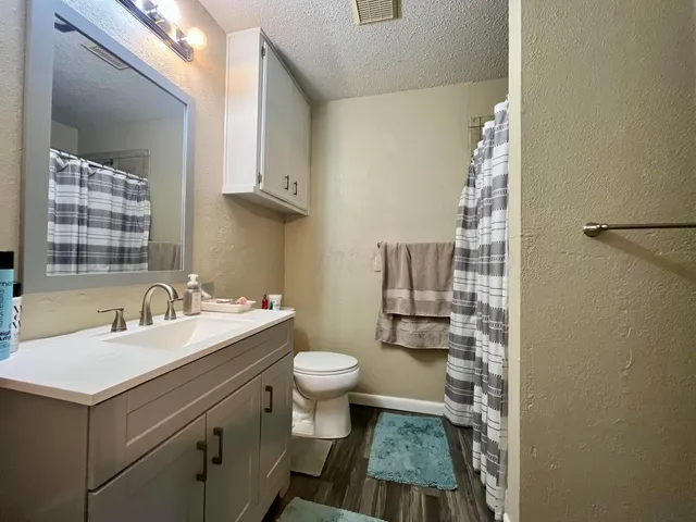 a bathroom with a sink toilet a mirror and shower