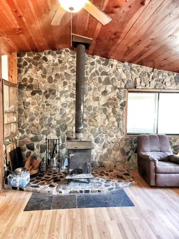 a living room with a couch wooden floor and a fireplace