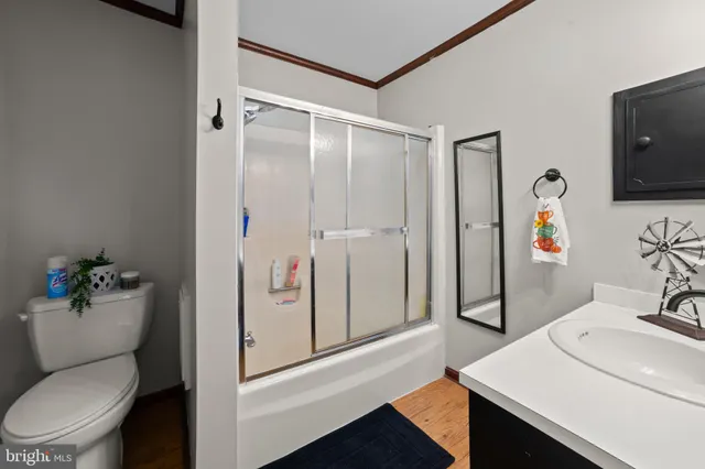 a bathroom with a sink a toilet a mirror and shower