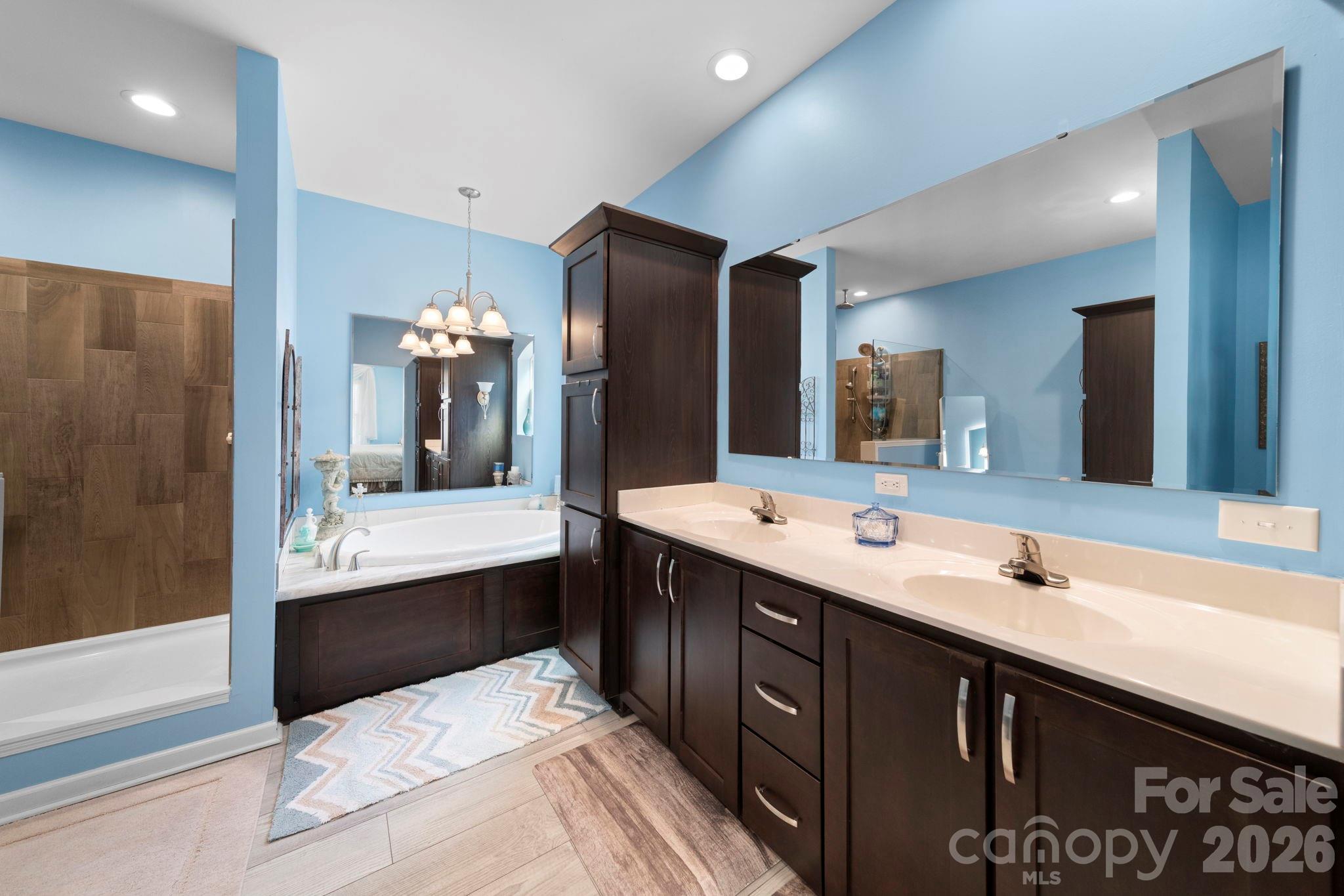 142 Will Evans Road Jefferson, SC 29718 - Photo 26 of 44 a bathroom with a double vanity sink and mirror with bathtub