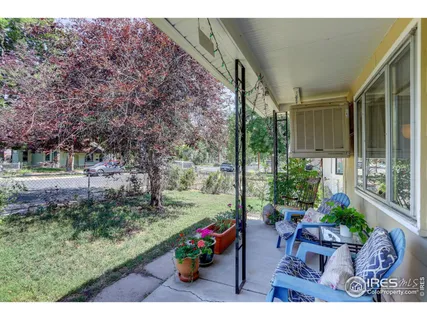 a garden view with a seating space