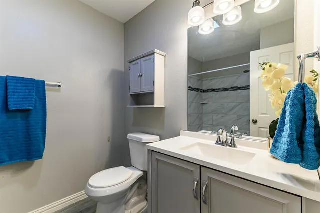 a bathroom with a sink toilet and shower