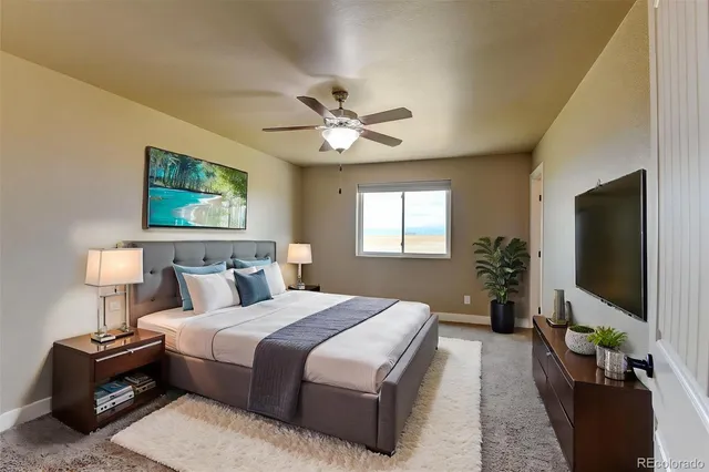 a bedroom with bed tv and window