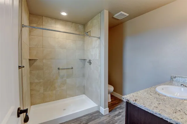 a bathroom with a granite countertop sink toilet and shower