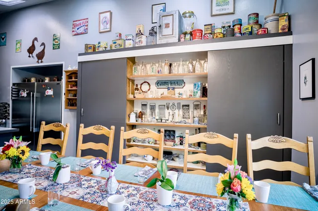a view of a dining room with furniture