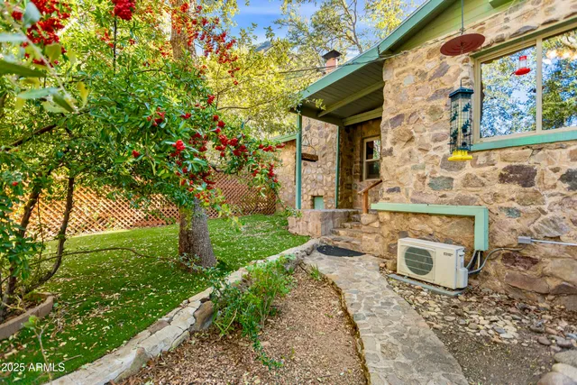 a view of a yard with plants and trees