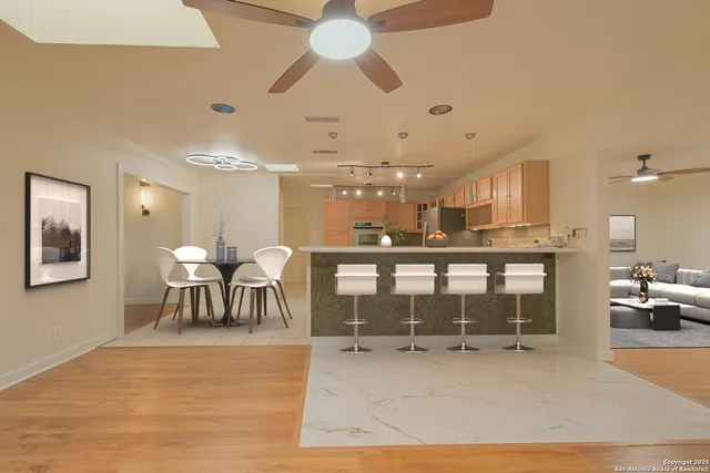 a view of a dining room with furniture