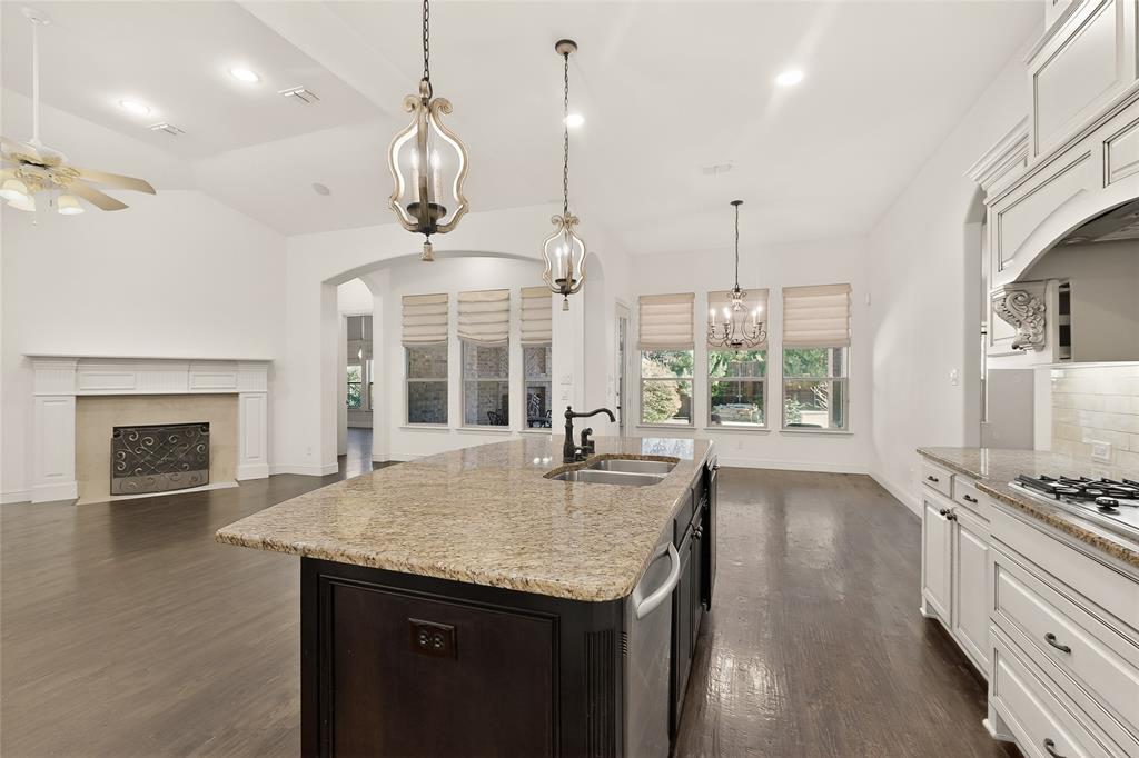 11048 Riney Court Frisco, TX 75035 - Photo 5 of 40 a kitchen with stainless steel appliances granite countertop a stove and a wooden floor