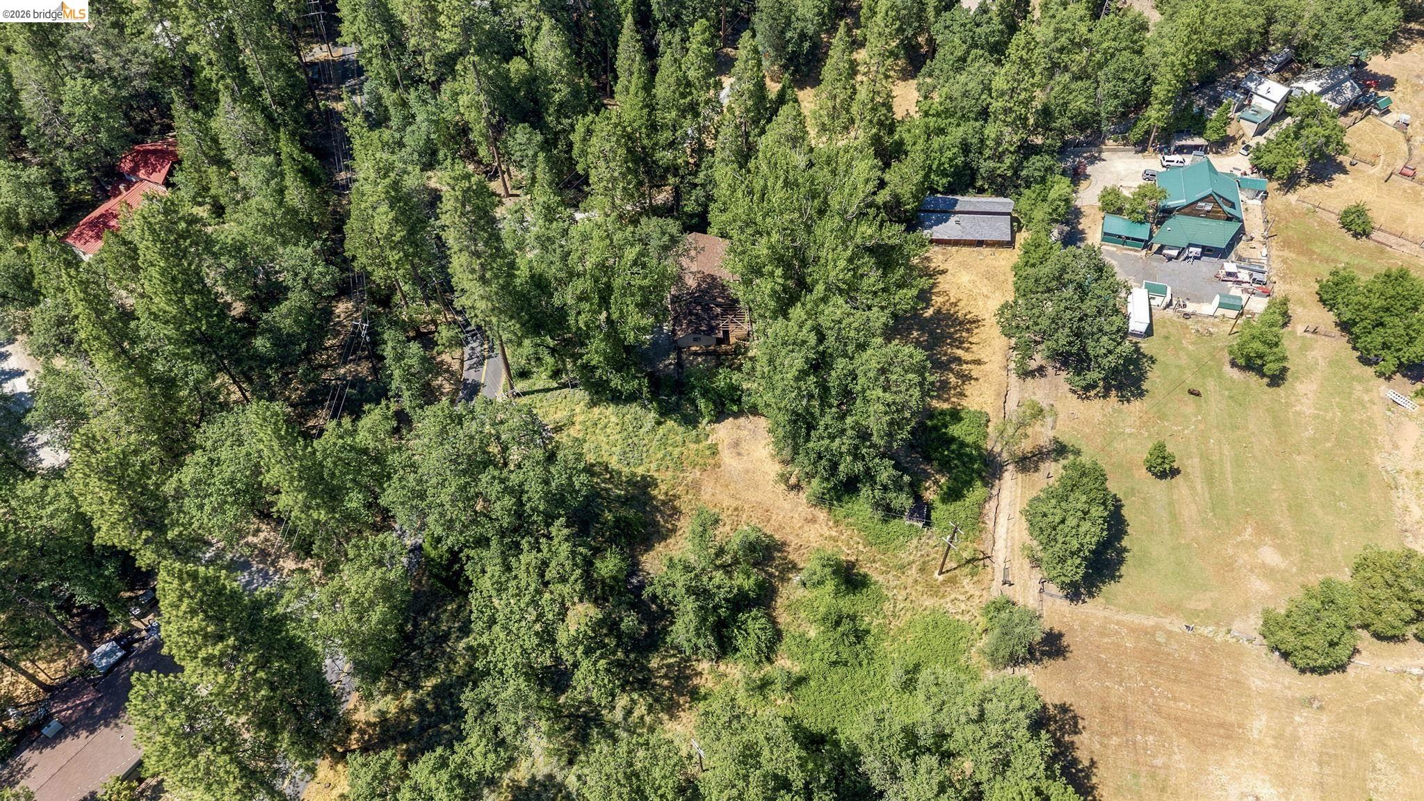 22401 South Fork Road Sonora, CA 95370 - Photo 29 of 34 Expansive treed parcel featuring multiple structures, including a primary residence with a green roof, a secondary detached structure with a brown roof, and a large open field area