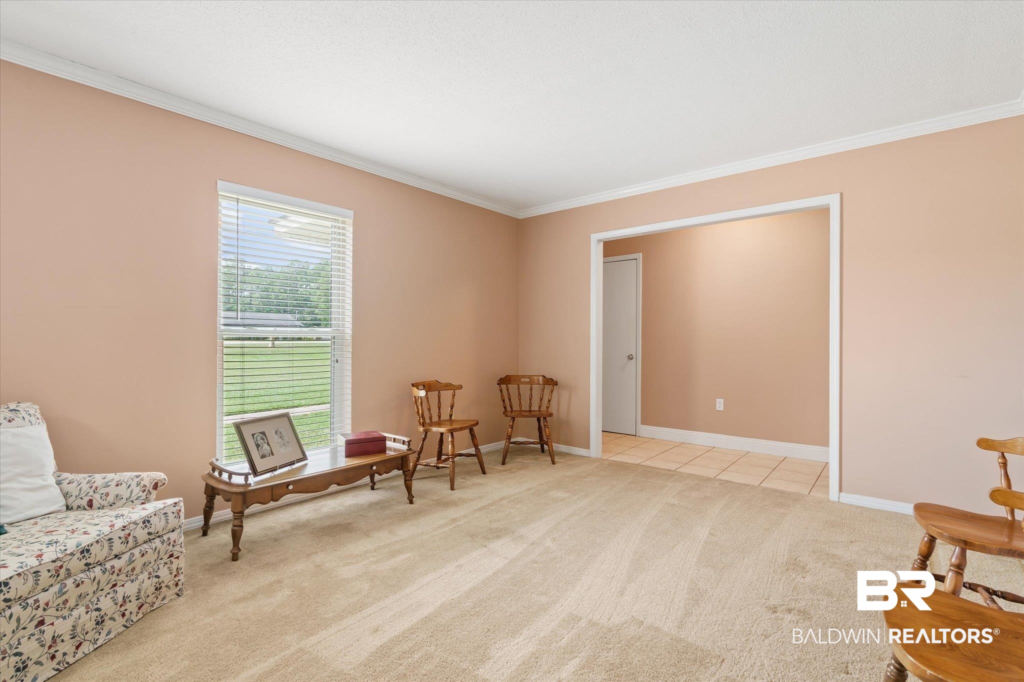1604 Celeste Road Saraland, AL 36571 - Photo 3 of 31 Living area featuring crown molding and light colored carpet