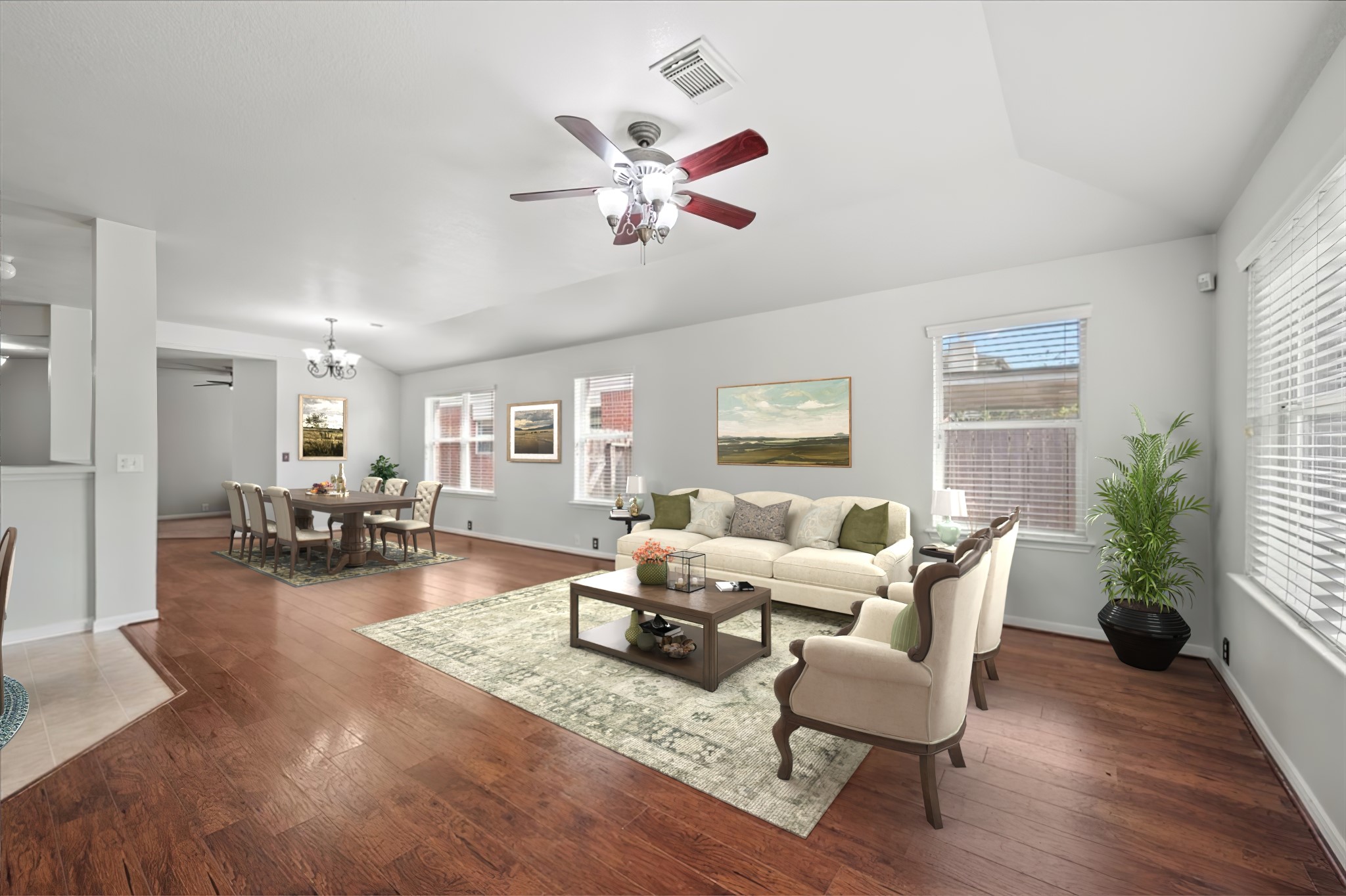 Virtually staged image of living/dining area.